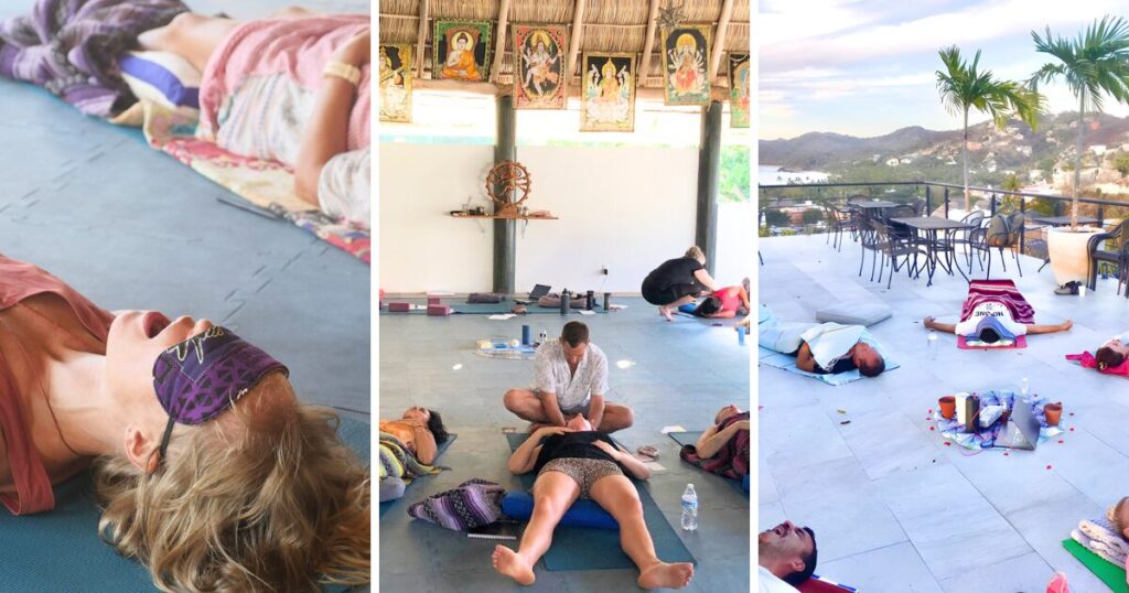 breathwork retreat collage of three different images