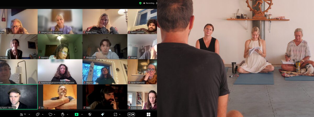 breathwork facilitator training online – Unity Breathwork in-person and online breathwork facilitator training - photos of each